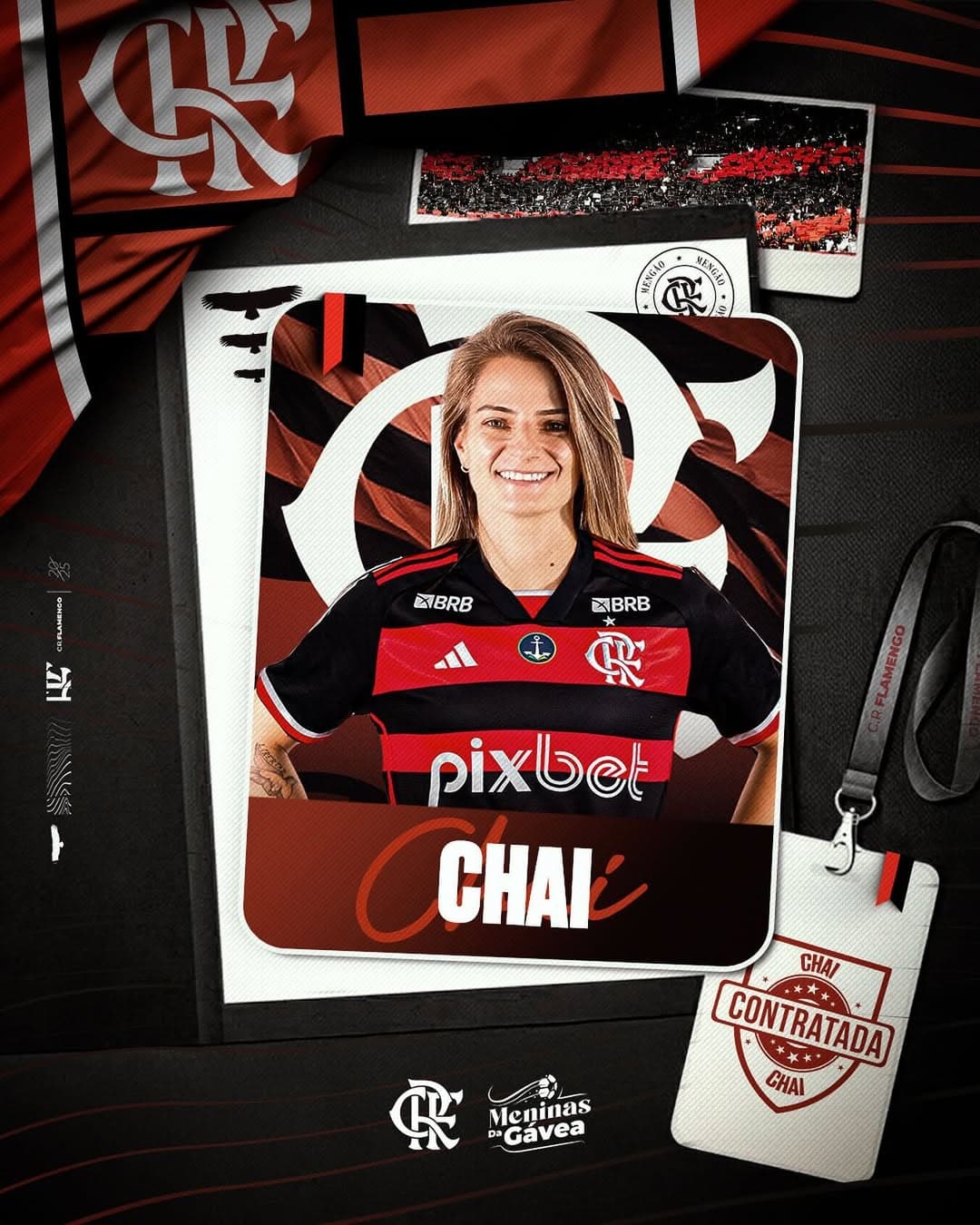 É uma arte anunciando a jogadora Chai Locatelli, a foto da jogadora está centralizada com o uniforme do Clube e seu nome embaixo