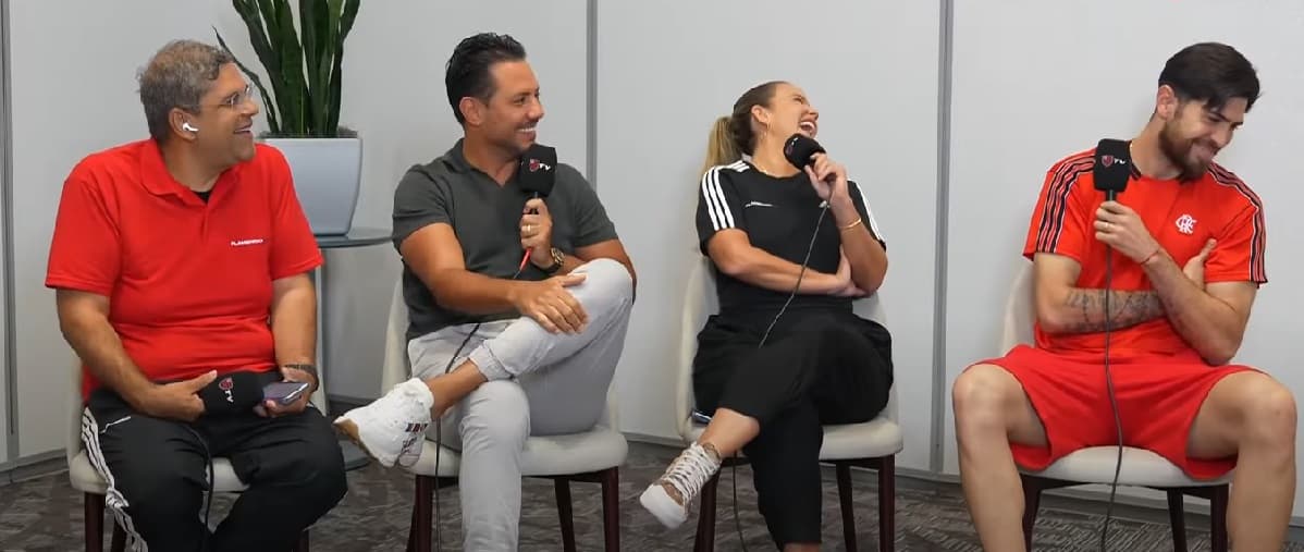 Diego Alves conversa com Rossi e faz João Guilherme e Dani Boaventura rirem após pergunta