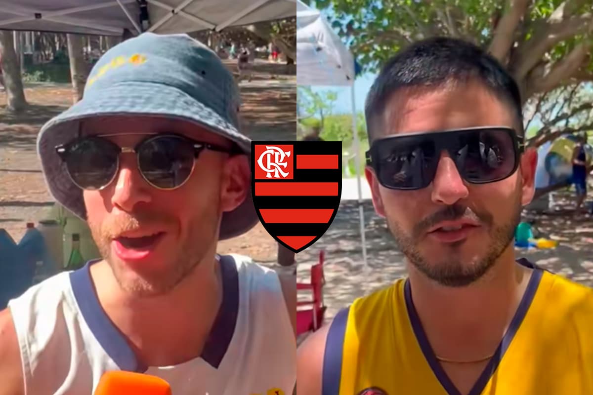 Montagem com dois torcedores do Boca Juniors com o escudo do Flamengo ao centro da imagem