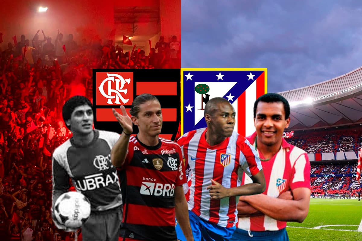 Montagem com jogadores que atuaram por Flamengo e Atlético de Madrid, com a logo e torcida dos clubes ao fundo.