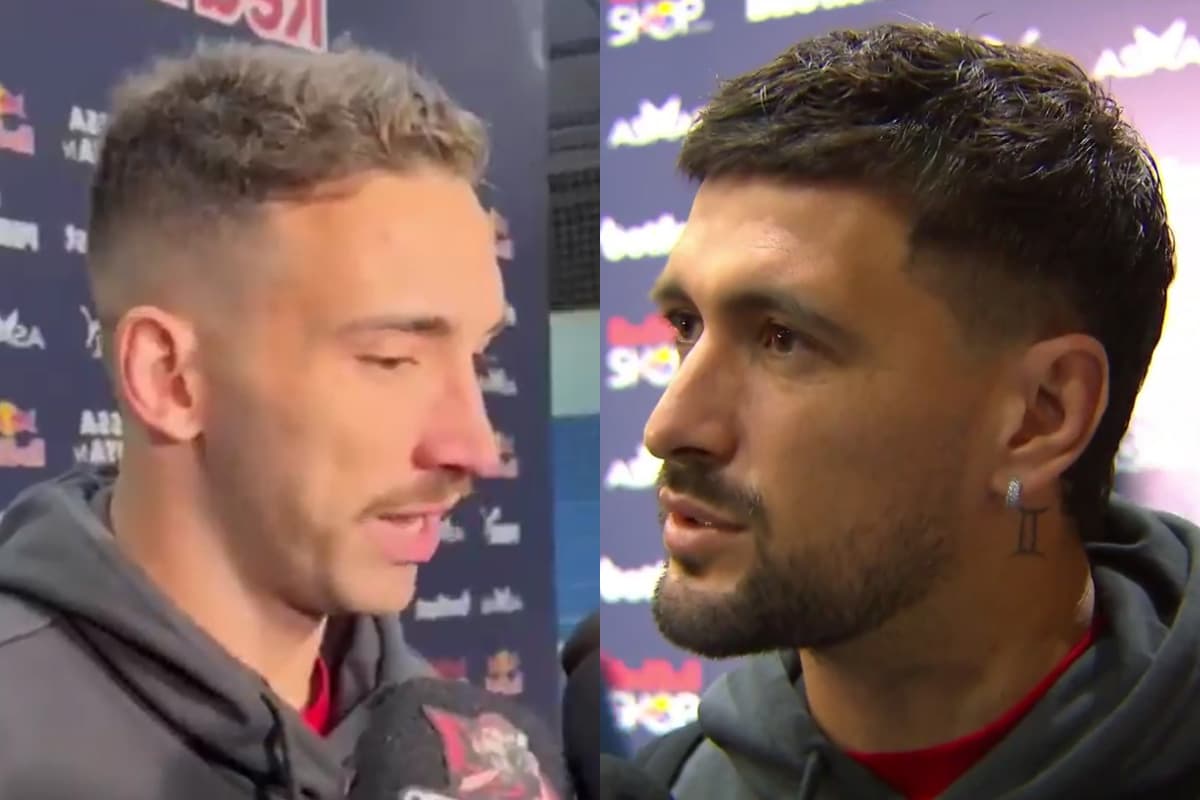 Montagem com Léo Ortiz e Arrascaeta na zona mista