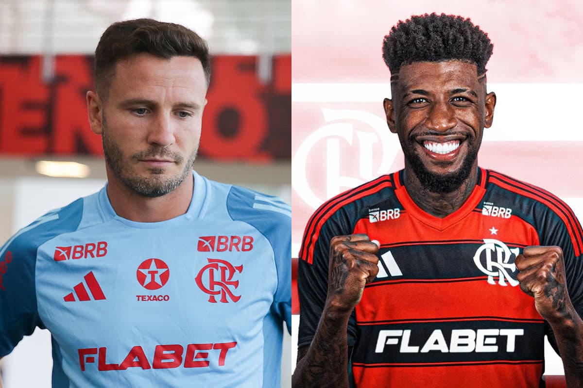 Montagem com Emerson Royal e Saúl com a camisa do Flamengo