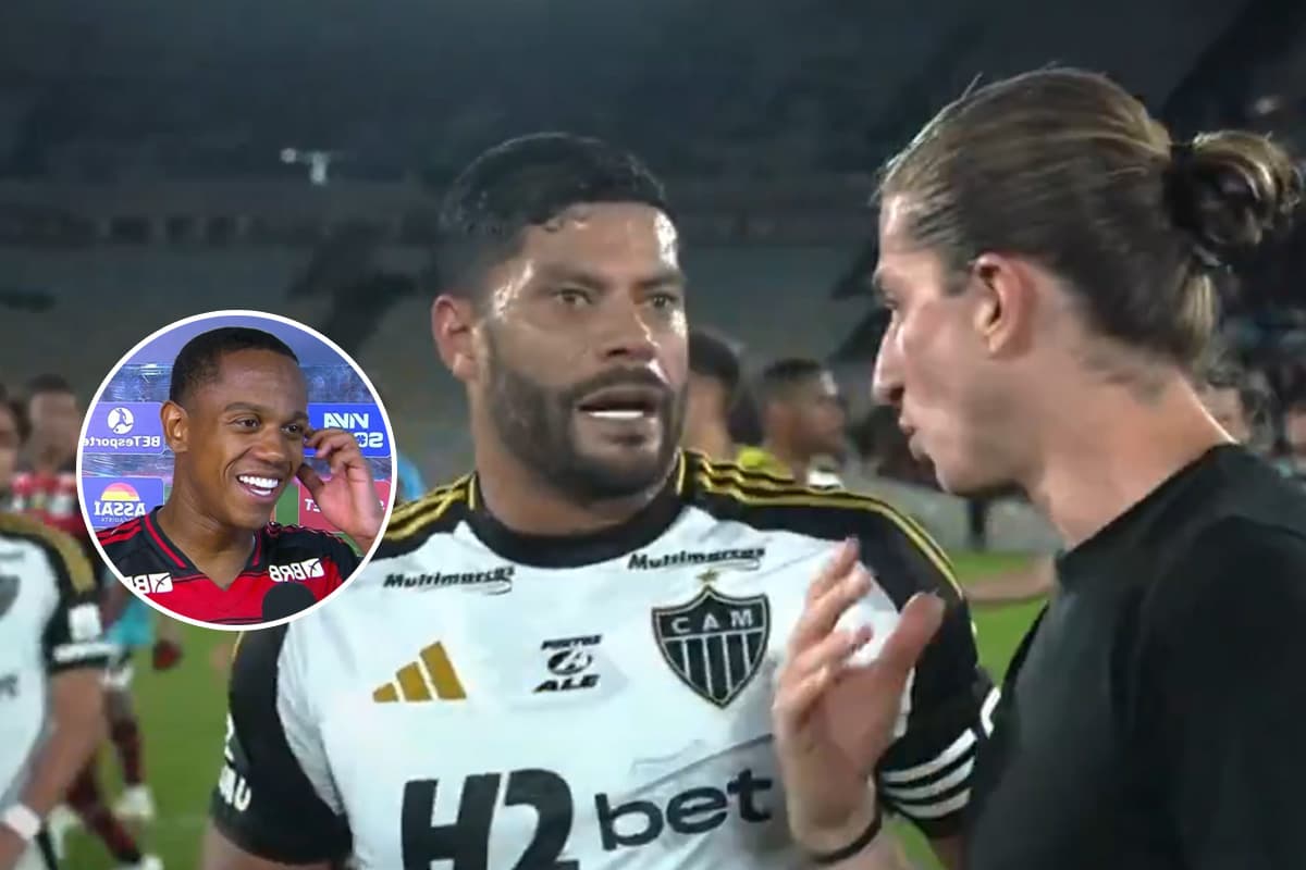 Monatagem com trecho de conversa entre Hulk e Filipe Luís com a foto de Wallace Yan