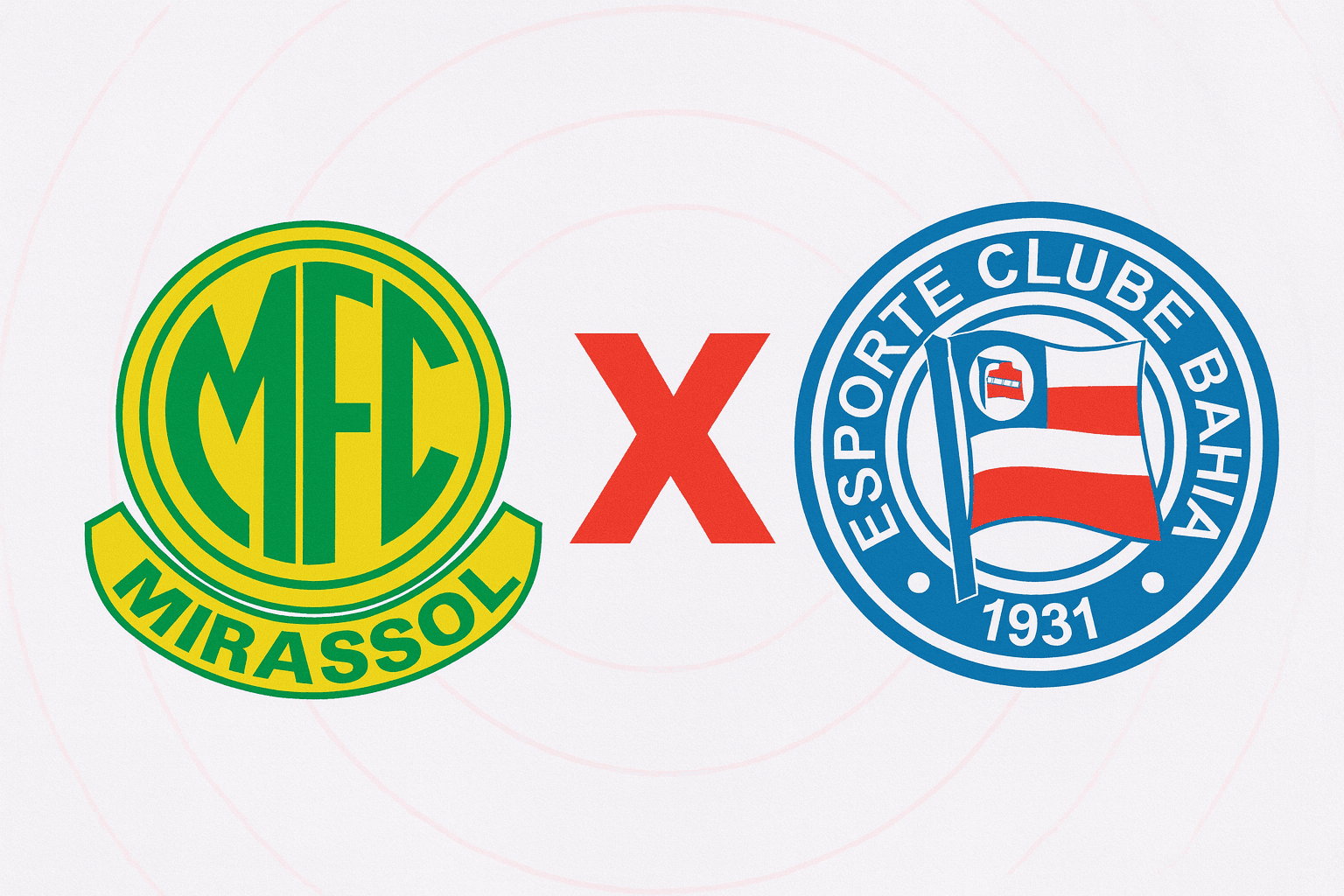 Escudos de Mirassol e Bahia lado a lado, com um "X" vermelho ao centro, representando o confronto entre os clubes pela 22ª rodada do Brasileirão 2025.