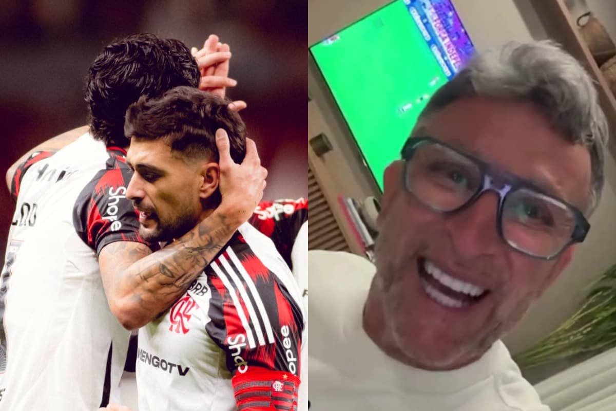 Montagem com jogadores do Flamengo comemorando e outra imagem de vídeo de Neto falando sobre Flamengo x Internacional