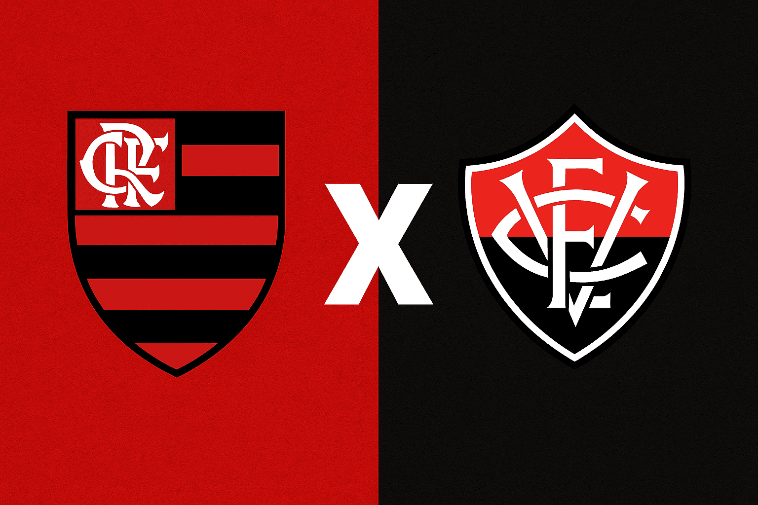 Escudos de Flamengo e Vitória lado a lado, separados por um X vermelho em fundo cinza texturizado com círculos concêntricos, representando confronto no Brasileirão 2025.