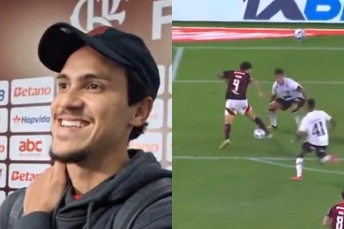 Montagem com Pedro sorrindo na zona mista do Maracanã ao lado de lance onde dribla