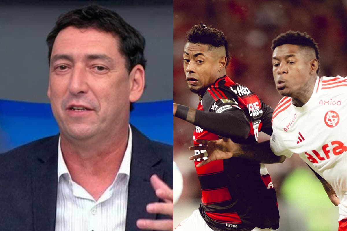 Montagem com o jornalista PVC, ao lado Bruno Henrique e Vitão disputando lance durante Flamengo x Internacional