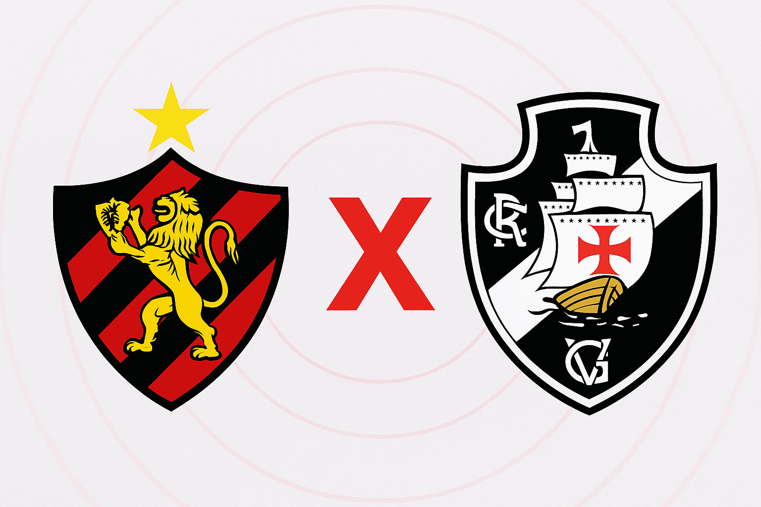 Escudos de Sport Recife e Vasco lado a lado, representando o confronto da 22ª rodada do Campeonato Brasileiro 2025 na Ilha do Retiro