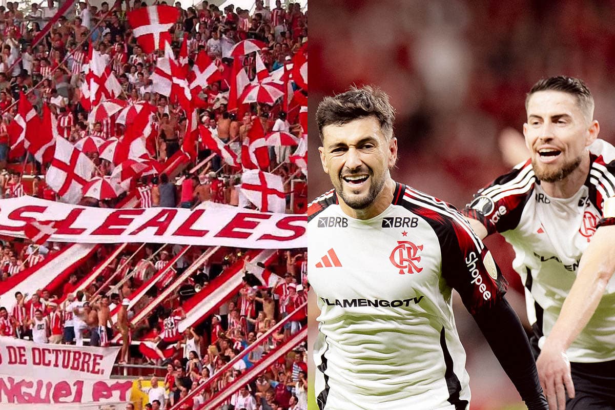 Montagem meio a meio com a torcida do Estudiantes, da argentina, em um estádio, ao lado de Arrascaeta e Jorginho comemorando gol contra o Internacional
