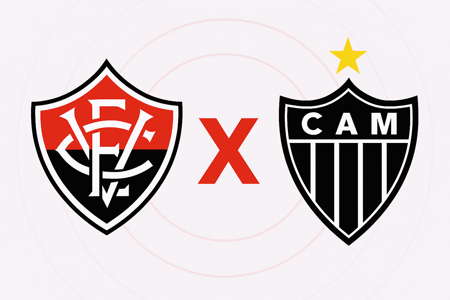 Escudos de Vitória e Atlético-MG lado a lado, separados por um "X" vermelho em destaque.