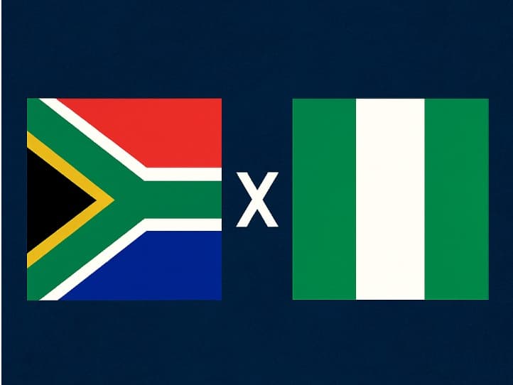Bandeira da África do Sul à esquerda e bandeira da Nigéria à direita, separadas por um "X" branco central sobre fundo azul escuro