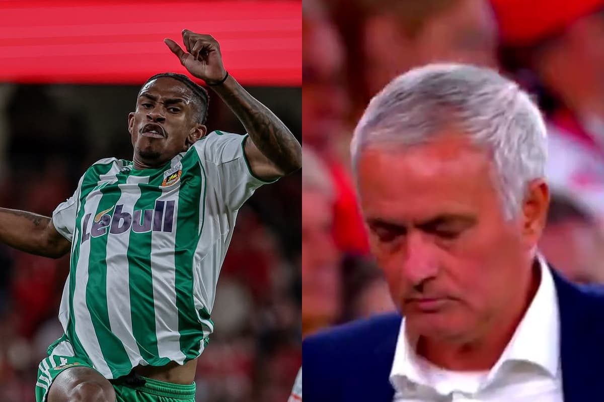 Montagem com André Luiz comemorando gol e reação de José Mourinho, do Benfica, reagindo após o gol