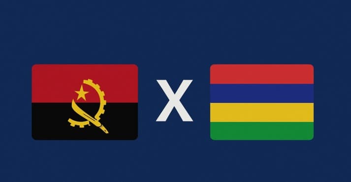 Arte digital com fundo azul, exibindo à esquerda a bandeira de Angola (metade superior vermelha e inferior preta, com estrela, engrenagem e facão amarelos) e à direita a bandeira das Ilhas Maurício (com quatro listras horizontais vermelha, azul, amarela e