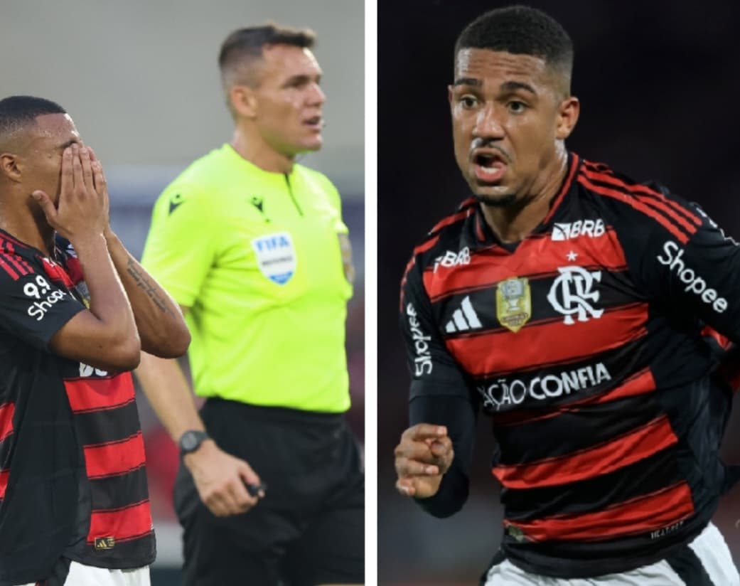 Árbitro Zanovelli ao fundo com De La Cruz levando as mãos ao rosto; Samuel Lino corre com olho na bola em dividida durante jogo do Flamengo
