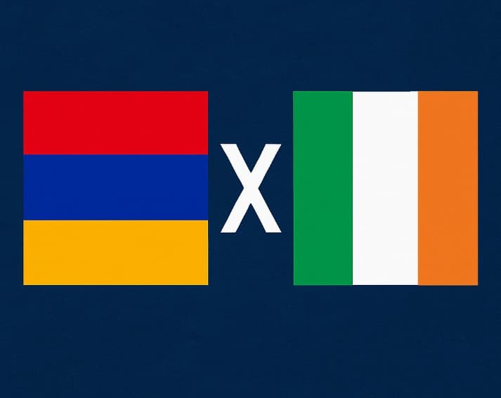 Bandeira da Armênia à esquerda e bandeira da Irlanda à direita, separadas por um "X" branco central sobre fundo azul escuro