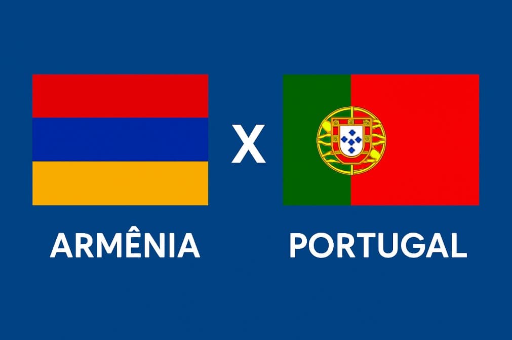 Arte com as bandeiras da Armênia e de Portugal lado a lado, separadas por um “X” central, sobre fundo azul,