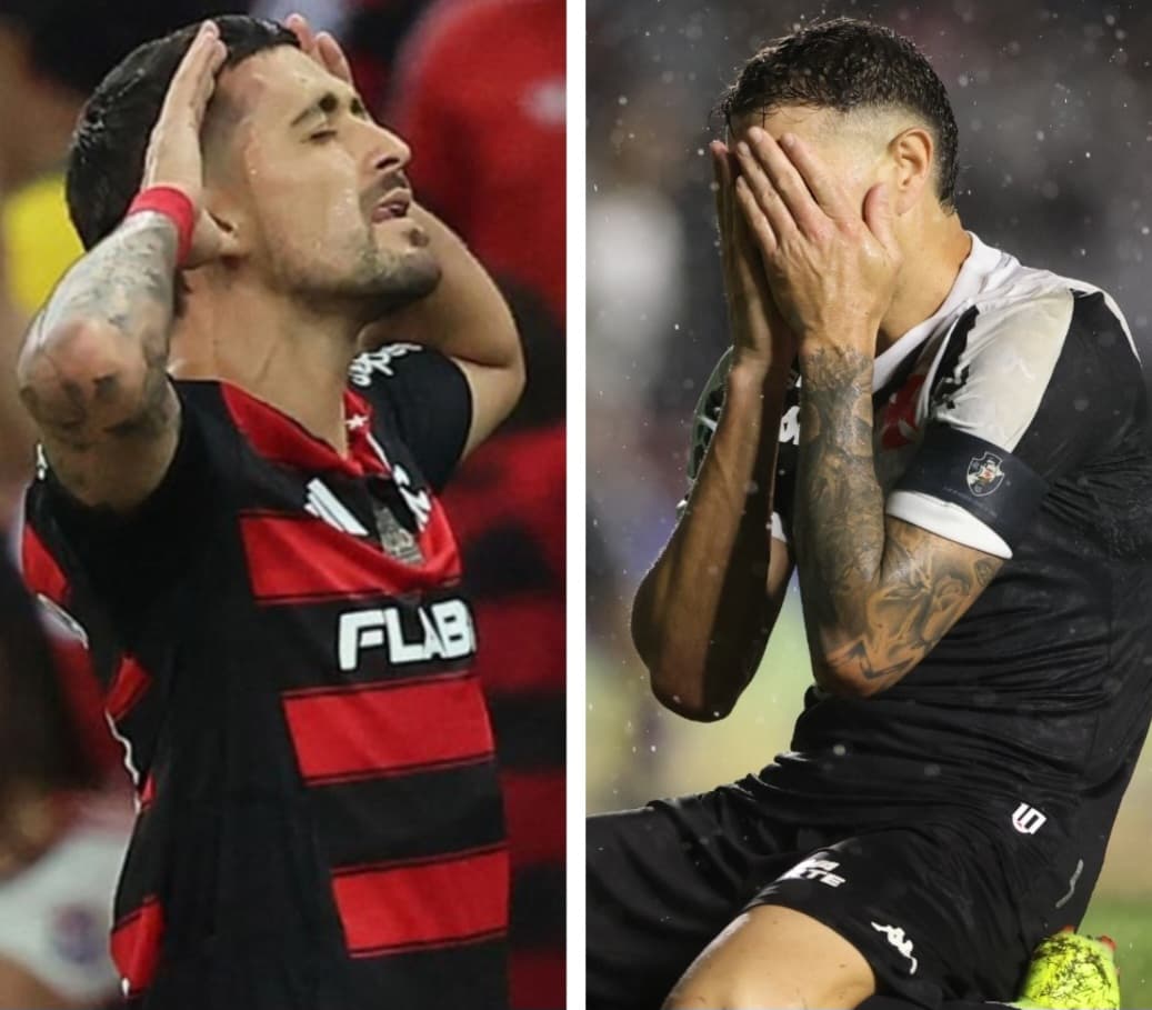 Arrascaeta vibra com ool pelo Flamengo e Vegetti leva mãos ao rosto e lamenta em jogo do Vasco