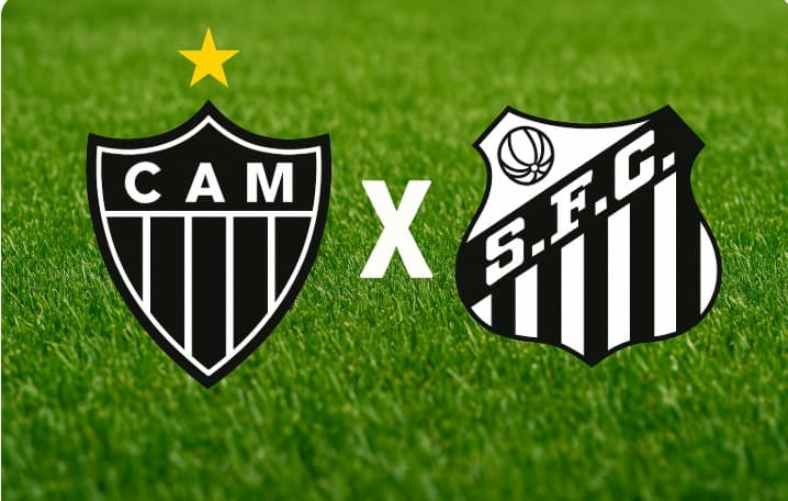 Arte digital com fundo de gramado verde, exibindo à esquerda o escudo do Atlético Mineiro (escudo preto com listras brancas, letras 'CAM' e estrela dourada acima) e à direita o escudo do Santos (escudo branco e preto listrado com as letras 'S.F.C.' e bola