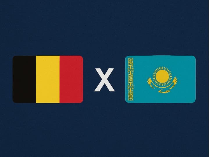 Bandeira da Bélgica à esquerda e bandeira do Cazaquistão à direita, separadas por um "X" branco central sobre fundo azul escuro