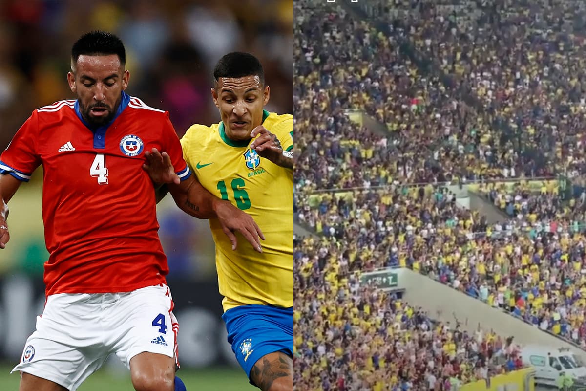Montagem com Isla disputando lance com Arana em Brasil x Chile, ao lado da torcida brasileira no Maracanã