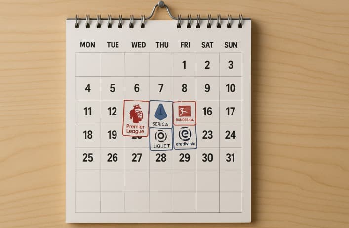 Calendário esportivo com ligas europeias