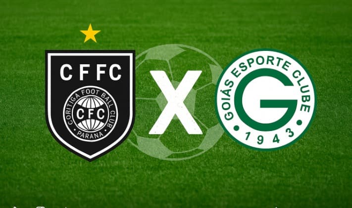 Arte digital com fundo de gramado verde, exibindo à esquerda o escudo do Coritiba Foot Ball Club (com estrela dourada acima) e à direita o escudo do Goiás Esporte Clube. No centro, um 'X' branco estilizado com textura de bola de futebol separa os dois esc