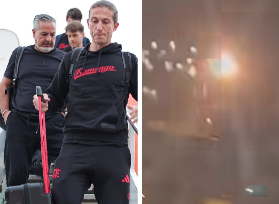 De um lado, Filipe Luís e José Boto desembarcando na Argentina; do outro, queima de fogos da torcida do estudiantes no hotel do flamengo