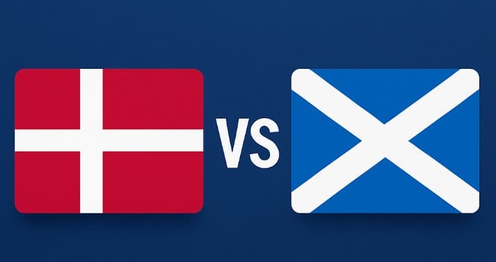 Bandeiras de Dinamarca e Escócia com um "X" ao centro, representando o confronto pelas Eliminatórias da Copa do Mundo 2026