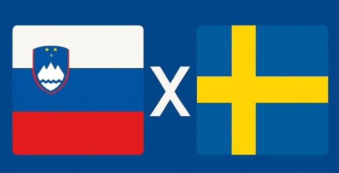 Bandeiras da Eslovênia e da Suécia lado a lado, separadas por um X central, com fundo azul