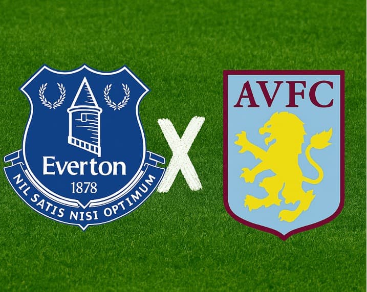Arte digital com fundo de gramado verde, exibindo à esquerda o escudo do Everton (azul com a Torre do Príncipe Rupert e a inscrição 'Nil Satis Nisi Optimum') e à direita o escudo do Aston Villa (fundo azul-claro com leão dourado e estrela acima). No centr