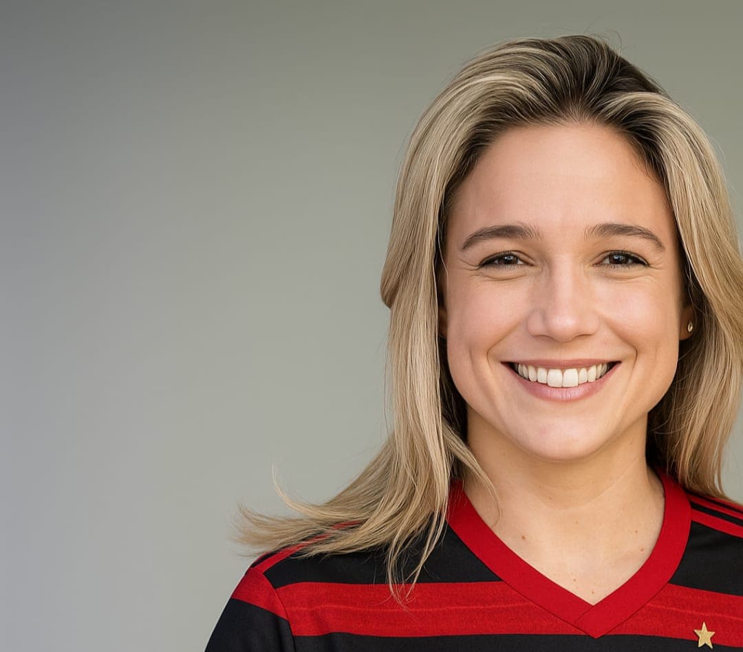 Fernanda Gentil sorrindo com a camisa tradicional do Flamengo, em listras vermelhas e pretas