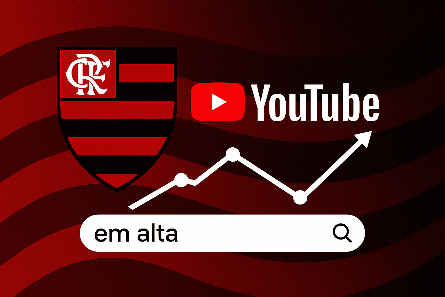 Escudo do Flamengo ao lado do logo do YouTube com gráfico de tendência em alta e fundo rubro-negro