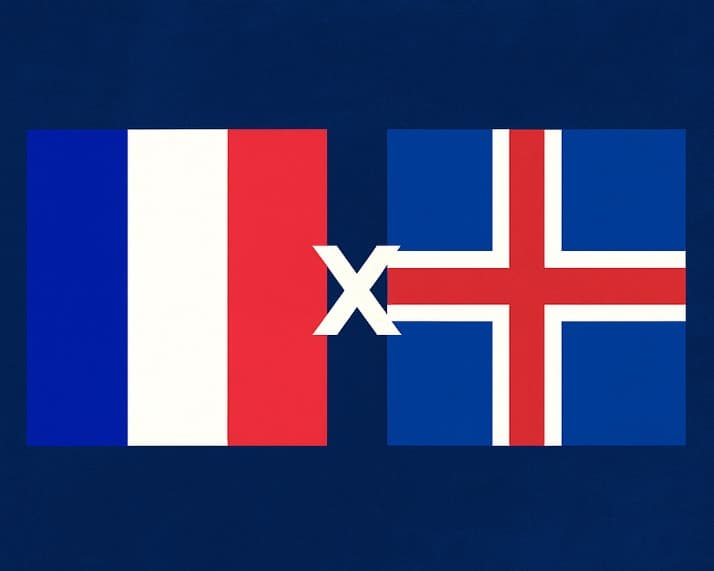 Bandeira da França à esquerda e bandeira da Islândia à direita, separadas por um "X" branco central sobre fundo azul escuro