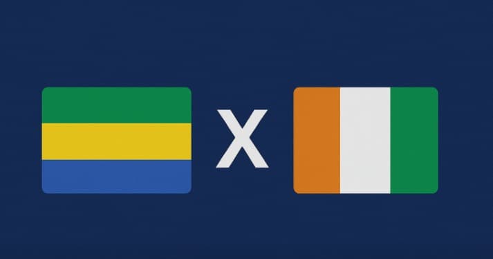Arte digital com fundo azul, exibindo à esquerda a bandeira do Gabão (com três listras horizontais verde, amarela e azul) e à direita a bandeira da Costa do Marfim (com três listras verticais laranja, branca e verde). No centro, um grande 'X' branco simbo
