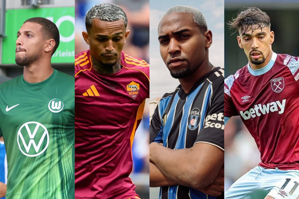 Montagem da esquerda pra direira: Vinicius Souza (Wolfsburg), Wesley (Roma), Lorran (Písa) e Lucas Paquetá (West Ham)