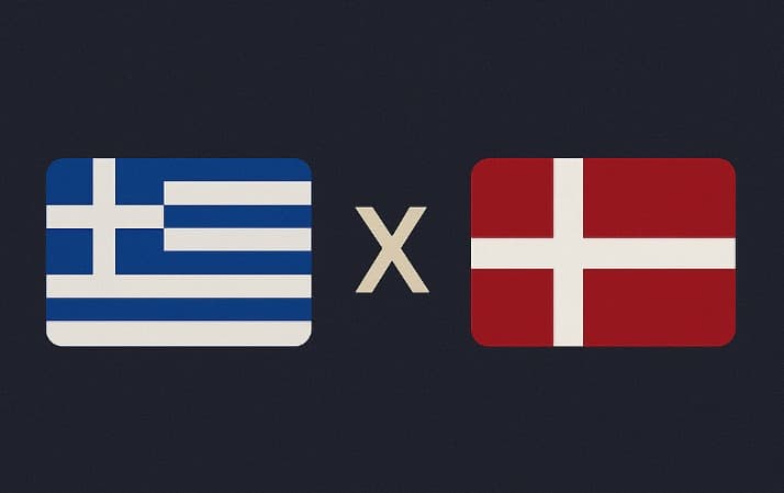 Bandeira da Grécia à esquerda e bandeira da Dinamarca à direita, separadas por um "X" branco central sobre fundo azul escuro