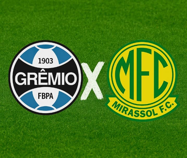 Arte digital com fundo de gramado verde, exibindo à esquerda o escudo do Grêmio (círculo azul, preto e branco com a inscrição '1903 Grêmio FBPA') e à direita o escudo do Mirassol F.C. (círculo verde e amarelo com as iniciais 'MFC' e o nome do clube). No c