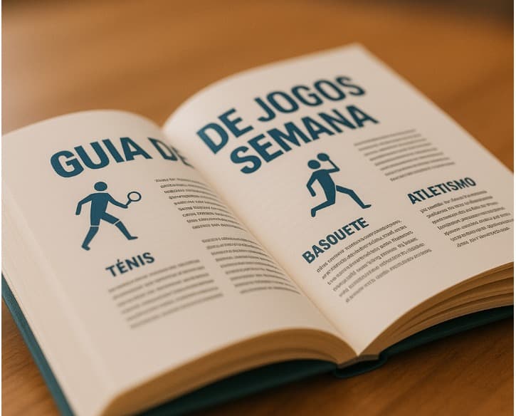 Livro aberto sobre uma mesa desfocada ao fundo, exibindo o título 'Guia de Jogos da Semana' com ícones esportivos de tênis, basquete e atletismo