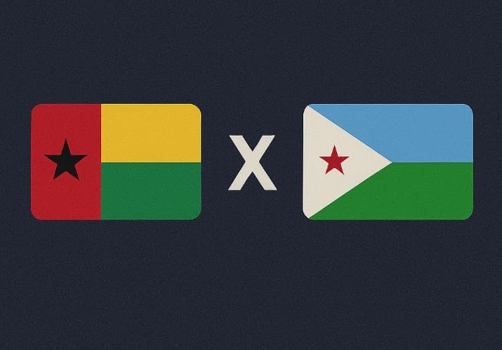 Bandeira da Guiné-Bissau à esquerda e bandeira de Djibuti à direita, separadas por um "X" branco central sobre fundo azul escuro