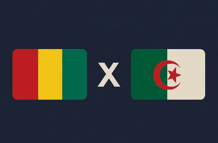 Bandeira da Guiné à esquerda e bandeira da Argélia à direita, separadas por um "X" branco central sobre fundo azul escuro