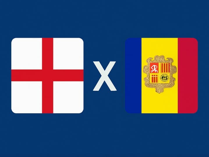 Arte digital com as bandeiras da Inglaterra e de Andorra lado a lado, separadas por um X branco sobre fundo azul, representando confronto das Eliminatórias da Copa do Mundo 2026