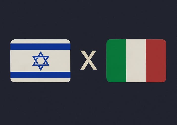 Bandeira de Israel à esquerda e bandeira da Itália à direita, separadas por um "X" branco central sobre fundo azul escuro
