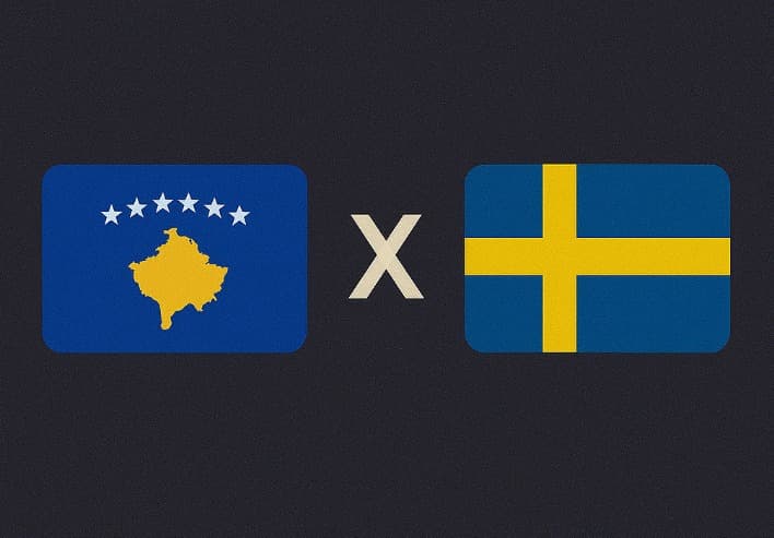 Bandeira do Kosovo à esquerda e bandeira da Suécia à direita, separadas por um "X" branco central sobre fundo azul escuro