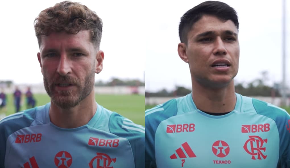 Léo Pereira (esquerda) e Luiz Araújo (direita) concedem entrevista à Flamengo TV para falara sobre pausa da Data Fifa e jogo contra o Juventude