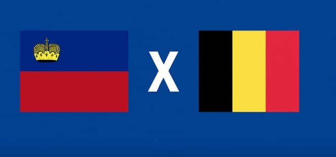 Bandeiras de Liechtenstein e Bélgica lado a lado com um X branco centralizado sobre fundo azul, representando o confronto pelas Eliminatórias da Copa do Mundo 2026