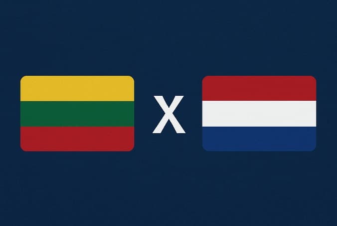 Bandeira da Lituânia à esquerda e bandeira da Holanda à direita, separadas por um "X" branco central sobre fundo azul escuro