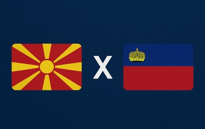Bandeira da Macedônia do Norte à esquerda e bandeira de Liechtenstein à direita, separadas por um "X" branco central sobre fundo azul escuro