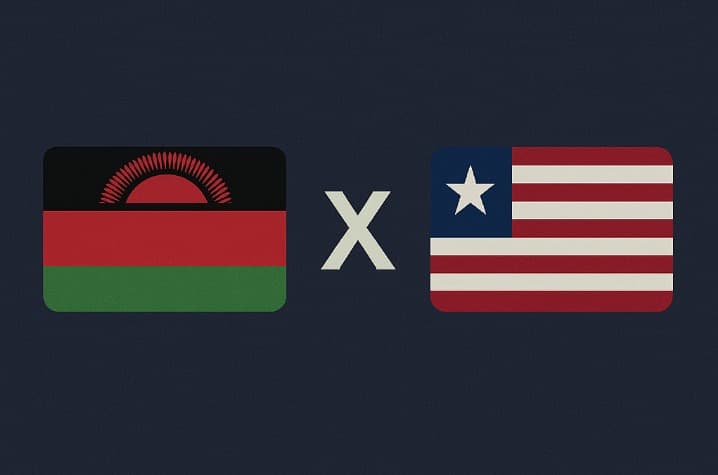 Bandeira do Malawi à esquerda e bandeira da Libéria à direita, separadas por um "X" branco central sobre fundo azul escuro