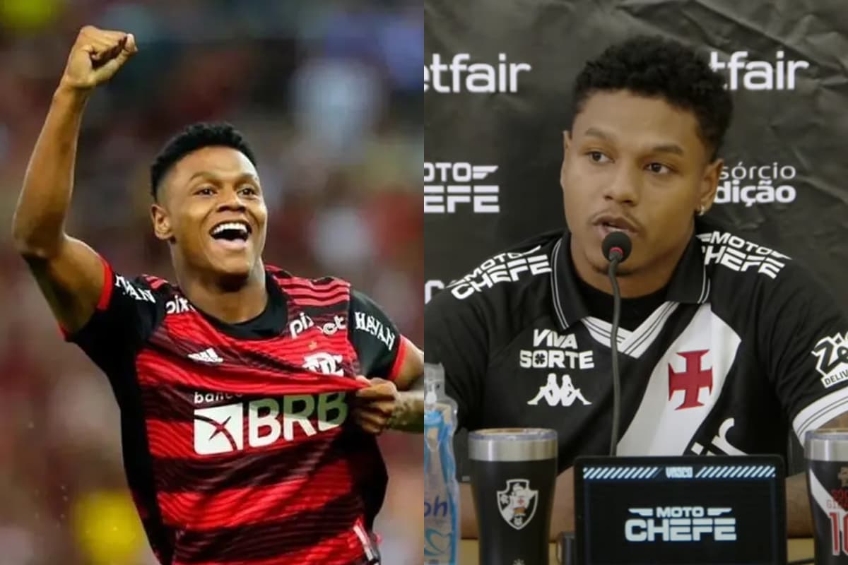 Montagem com Matheus França com a camisa do Flamengo em 2022, à esquerda, e o mesmo jogador durante coletiva vestindo a camisa do Vasco em 2025